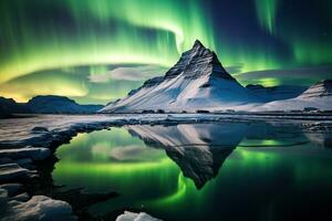 Northern lights over snowy mountain range with reflection in water AI generated photo