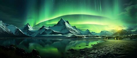 Aurora borealis en Islandia con nieve cubierto montañas y reflexión ai generado foto