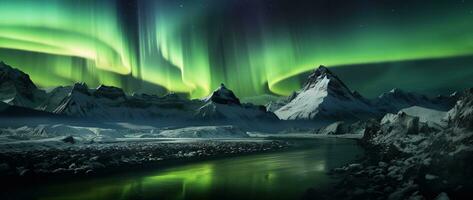 Northern lights over snowy mountain range with reflection in water AI generated photo