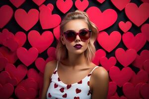 San Valentín día. retrato de hermosa joven mujer en Gafas de sol en rojo antecedentes con corazones. ai generado foto