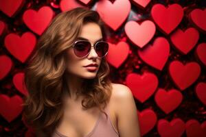 San Valentín día. retrato de hermosa joven mujer en Gafas de sol en rojo antecedentes con corazones. ai generado foto