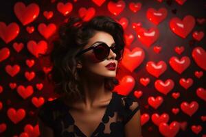 Valentine's day. Portrait of beautiful young woman in sunglasses on red background with hearts. AI generated photo