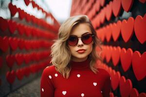 Valentine's day. Portrait of beautiful young woman in sunglasses on red background with hearts. AI generated photo