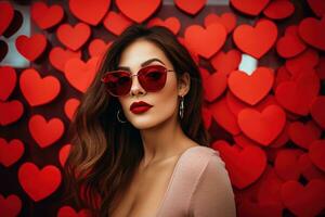 San Valentín día. retrato de hermosa joven mujer en Gafas de sol en rojo antecedentes con corazones. ai generado foto