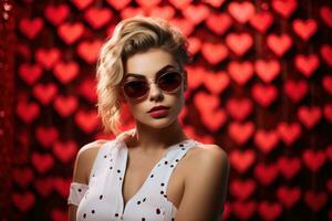 San Valentín día. retrato de hermosa joven mujer en Gafas de sol en rojo antecedentes con corazones. ai generado foto