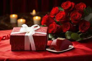 romántico cena ajuste con rojo rosas y regalo caja en mesa.san valentin día concepto ai generado foto