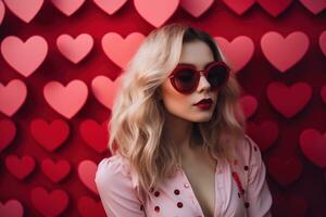 San Valentín día. retrato de hermosa joven mujer en Gafas de sol en rojo antecedentes con corazones. ai generado foto