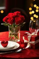 Romantic dinner setting with red roses and gift box on table.Valentine's Day Concept AI generated photo