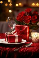 Romantic dinner setting with red roses and gift box on table.Valentine's Day Concept AI generated photo