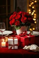 Romantic dinner setting with red roses and gift box on table.Valentine's Day Concept AI generated photo