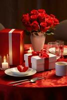 Romantic dinner setting with red roses and gift box on table.Valentine's Day Concept AI generated photo