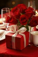 Romantic dinner setting with red roses and gift box on table.Valentine's Day Concept AI generated photo