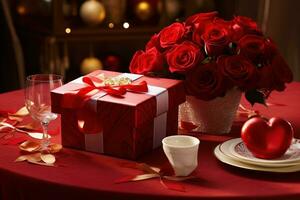 Romantic dinner setting with red roses and gift box on table.Valentine's Day Concept AI generated photo