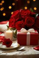 Romantic dinner setting with red roses and gift box on table.Valentine's Day Concept AI generated photo
