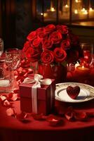 Romantic dinner setting with red roses and gift box on table.Valentine's Day Concept AI generated photo