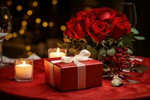 Romantic dinner setting with red roses and gift box on table.Valentine's Day Concept AI generated photo