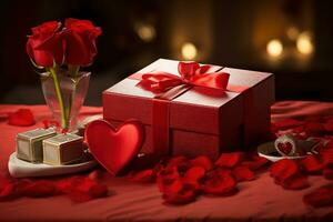 Romantic dinner setting with red roses and gift box on table.Valentine's Day Concept AI generated photo