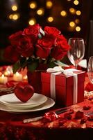 Romantic dinner setting with red roses and gift box on table.Valentine's Day Concept AI generated photo