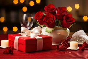 Romantic dinner setting with red roses and gift box on table.Valentine's Day Concept AI generated photo