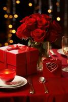 Romantic dinner setting with red roses and gift box on table.Valentine's Day Concept AI generated photo