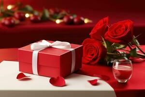 Romantic dinner setting with red roses and gift box on table.Valentine's Day Concept AI generated photo