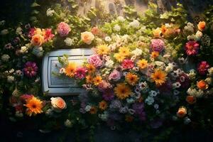 Colorful flowers on the grave in the cemetery, funeral concept. AI generated photo