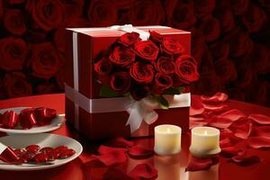 Romantic dinner setting with red roses and gift box on table.Valentine's Day Concept AI generated photo