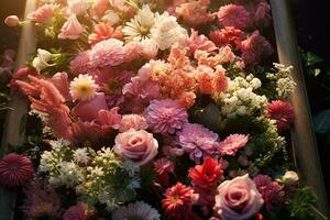 vistoso flores en el tumba en el cementerio, funeral concepto. ai generado foto