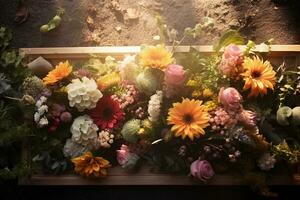 Colorful flowers on the grave in the cemetery, funeral concept. AI generated photo