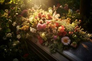 vistoso flores en el tumba en el cementerio, funeral concepto. ai generado foto