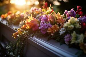 vistoso flores en el tumba en el cementerio, funeral concepto. ai generado foto