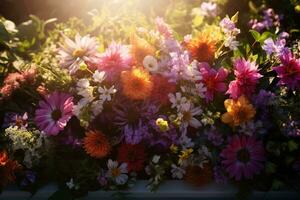 Colorful flowers on the grave in the cemetery, funeral concept. AI generated photo