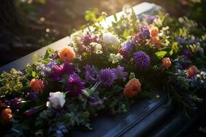 Colorful flowers on the grave in the cemetery, funeral concept. AI generated photo