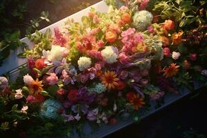 Colorful flowers on the grave in the cemetery, funeral concept. AI generated photo