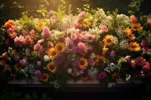 Colorful flowers on the grave in the cemetery, funeral concept. AI generated photo