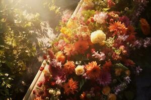 vistoso flores en el tumba en el cementerio, funeral concepto. ai generado foto