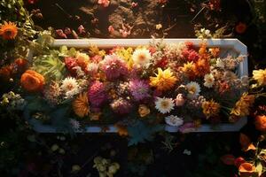 Colorful flowers on the grave in the cemetery, funeral concept. AI generated photo