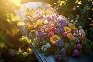 Colorful flowers on the grave in the cemetery, funeral concept. AI generated photo