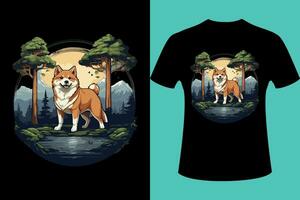 T-shirt design consisting of a Shiba Inu, a sequoia tree. vector