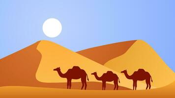 Desert landscape vector illustration. Scenery of heat and dry in sand desert with dune and bright sunlight. Subtropical desert panorama for illustration, background or wallpaper