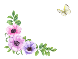 Blumen- Rahmen mit Anemone Blume, Grün Blätter und Schmetterling. Klitoris, Akazie oder Tee Blatt. Weiß Kohl. Raum zum Text. Aquarell Illustration. Gruß Karte zum Urlaub, Hochzeit oder Einladung png