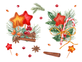 Caramels in the shape of star, star anise, cinnamon sticks, pine sprig, red and orange berries. Candy cane. Sea buckthorn, lingonberry, lollipop on the stick, badian. Watercolor illustration png