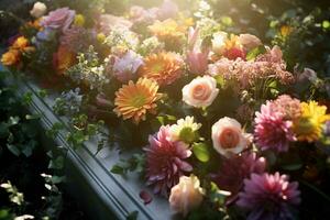 vistoso flores en el tumba en el cementerio, funeral concepto. ai generado foto