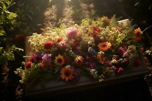 Colorful flowers on the grave in the cemetery, funeral concept. AI generated photo