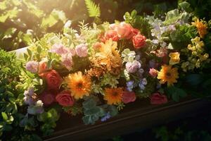 Colorful flowers on the grave in the cemetery, funeral concept. AI generated photo