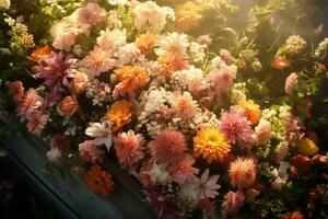 Colorful flowers on the grave in the cemetery, funeral concept. AI generated photo