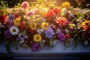 Colorful flowers on the grave in the cemetery, funeral concept. AI generated photo