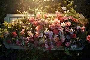 vistoso flores en el tumba en el cementerio, funeral concepto. ai generado foto