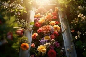 vistoso flores en el tumba en el cementerio, funeral concepto. ai generado foto