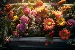 Colorful flowers on the grave in the cemetery, funeral concept. AI generated photo